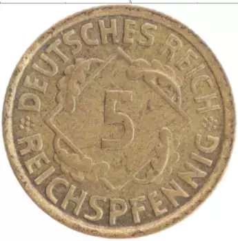 Монета 5 пфеннигов Веймарской республики 1936 года Бронза D