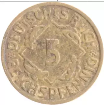 Монета 5 пфеннигов Веймарской республики 1936 года Бронза A