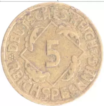 Монета 5 пфеннигов Веймарской республики 1936 года Бронза A