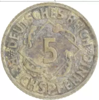 Монета 5 пфеннигов Веймарской республики 1936 года Бронза F