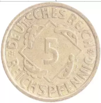 Монета 5 пфеннигов Веймарской республики 1936 года Бронза A
