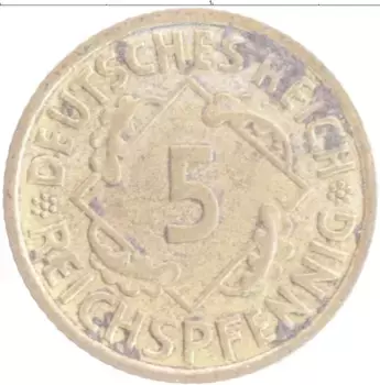 Монета 5 пфеннигов Веймарской республики 1936 года Бронза F