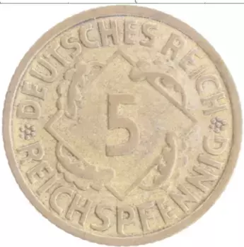 Монета 5 пфеннигов Веймарской республики 1936 года Бронза F