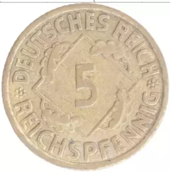 Монета 5 пфеннигов Веймарской республики 1936 года Бронза A
