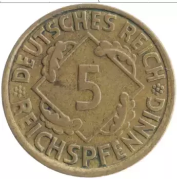 Монета 5 пфеннигов Веймарской республики 1936 года Бронза А