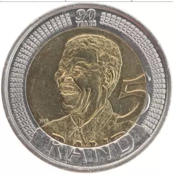 Монета 5 ранд Южно Африканской Республики 2008 года Биметалл 90 лет Нельсон Мандела