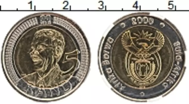 Монета 5 ранд Южно Африканской Республики 2008 года Биметалл 90 лет со дня рождения Нельсона Маделлы (Слаб SANGS MS66)