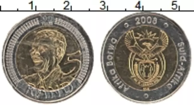 Монета 5 ранд Южно Африканской Республики 2008 года Биметалл 90-летие Нельсона (Слаб NGC MS66)