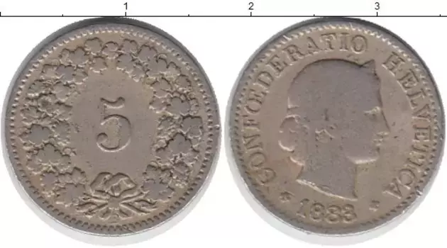Монета 5 рапп Швейцарии 1883 года Медно-никель