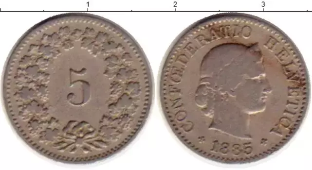 Монета 5 рапп Швейцарии 1885 года Медно-никель