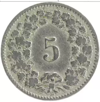 Монета 5 рапп Швейцарии 1892 года Медно-никель