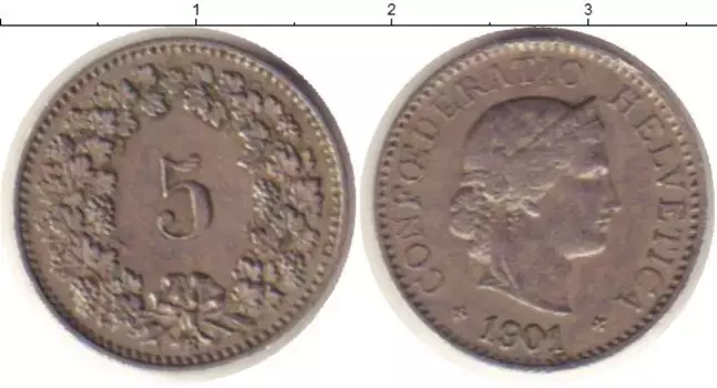 Монета 5 рапп Швейцарии 1901 года Медно-никель