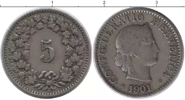 Монета 5 рапп Швейцарии 1901 года Медно-никель