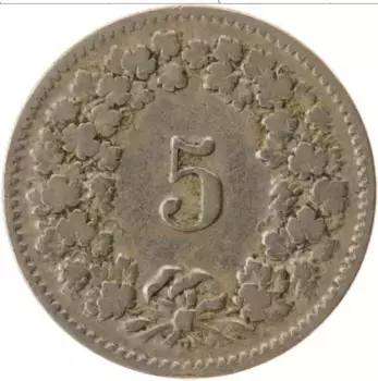 Монета 5 рапп Швейцарии 1901 года Медно-никель В