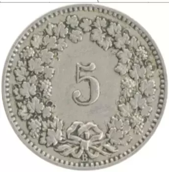 Монета 5 рапп Швейцарии 1905 года Медно-никель