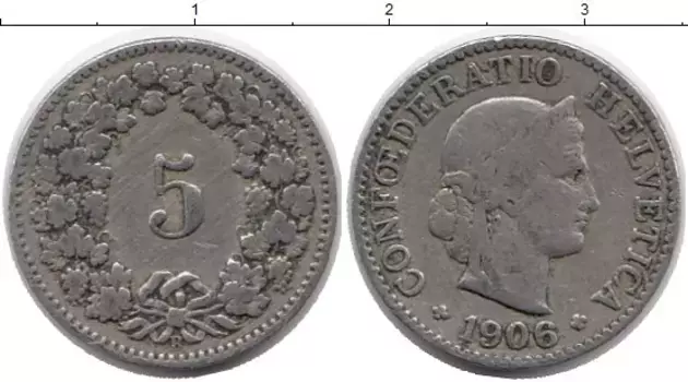 Монета 5 рапп Швейцарии 1906 года Медно-никель