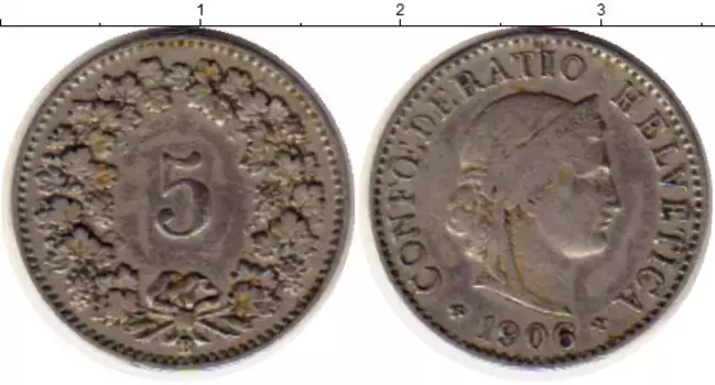 Монета 5 рапп Швейцарии 1906 года Медно-никель