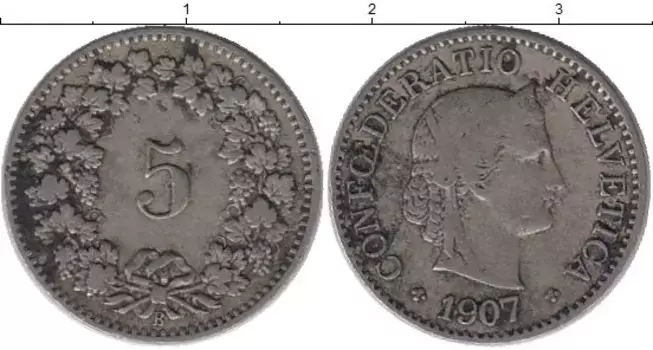 Монета 5 рапп Швейцарии 1907 года Медно-никель