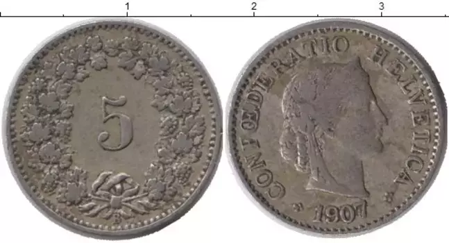 Монета 5 рапп Швейцарии 1907 года Медно-никель