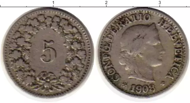 Монета 5 рапп Швейцарии 1908 года Медно-никель
