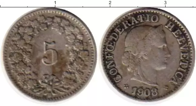 Монета 5 рапп Швейцарии 1908 года Медно-никель В