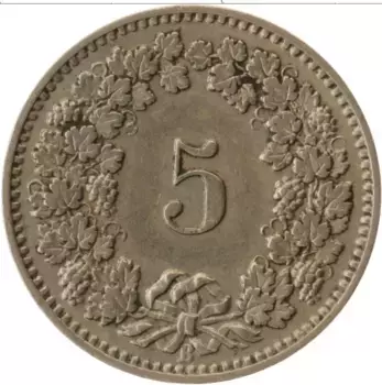 Монета 5 рапп Швейцарии 1911 года Медно-никель В