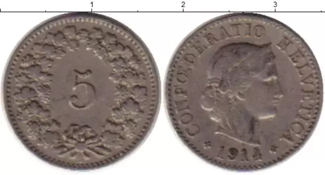 Монета 5 рапп Швейцарии 1914 года Медно-никель