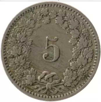 Монета 5 рапп Швейцарии 1915 года Медно-никель
