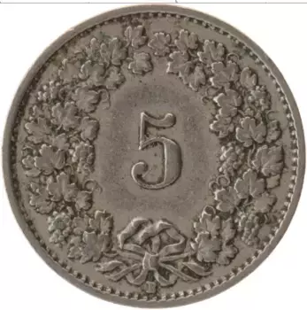 Монета 5 рапп Швейцарии 1920 года Медно-никель