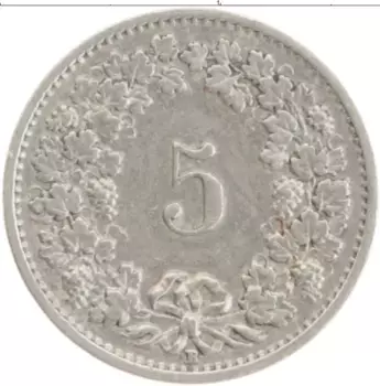 Монета 5 рапп Швейцарии 1920 года Медно-никель