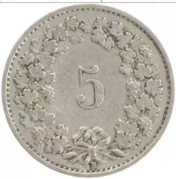 Монета 5 рапп Швейцарии 1920 года Медно-никель