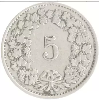 Монета 5 рапп Швейцарии 1920 года Медно-никель