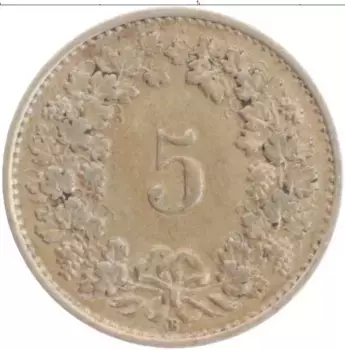 Монета 5 рапп Швейцарии 1922 года Медно-никель