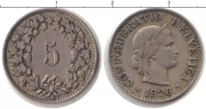 Монета 5 рапп Швейцарии 1926 года Медно-никель