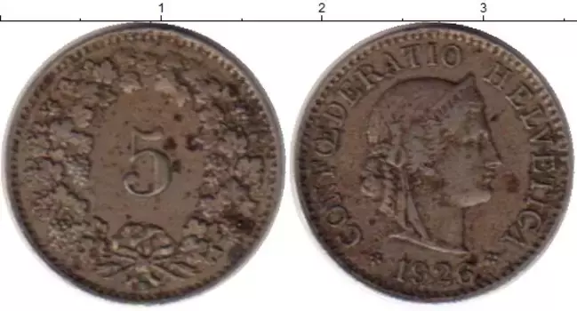 Монета 5 рапп Швейцарии 1926 года Медно-никель