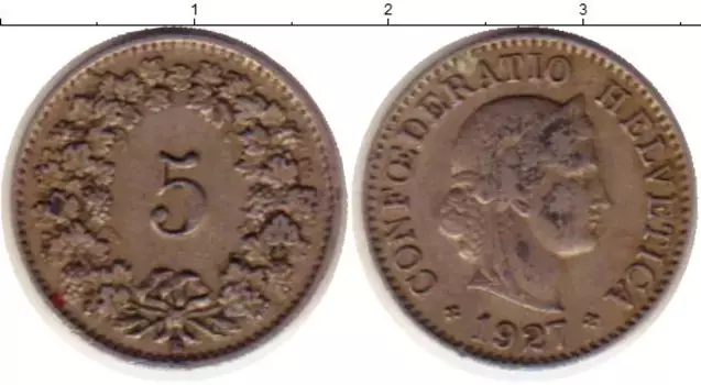 Монета 5 рапп Швейцарии 1927 года Медно-никель Голова девушки