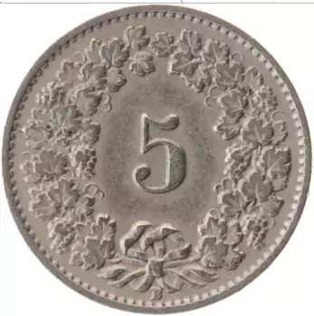Монета 5 рапп Швейцарии 1927 года Медно-никель
