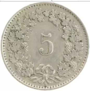 Монета 5 рапп Швейцарии 1930 года Медно-никель