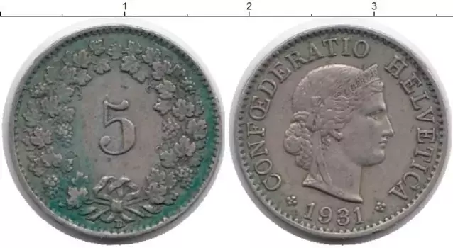 Монета 5 рапп Швейцарии 1931 года Медно-никель