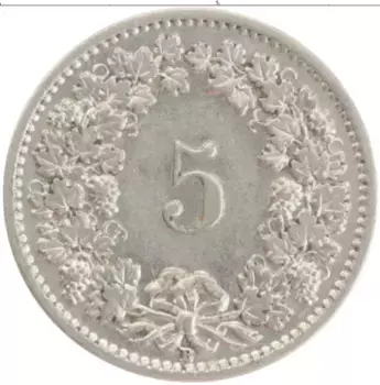 Монета 5 рапп Швейцарии 1938 года Медно-никель