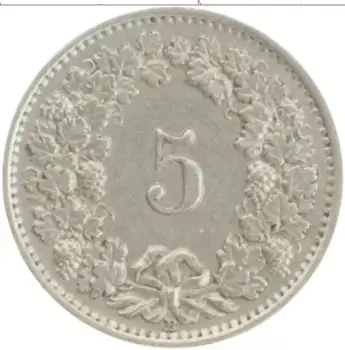 Монета 5 рапп Швейцарии 1940 года Медно-никель