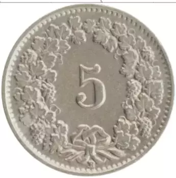 Монета 5 рапп Швейцарии 1940 года Медно-никель