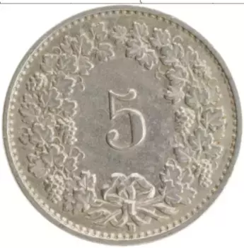 Монета 5 рапп Швейцарии 1942 года Медно-никель