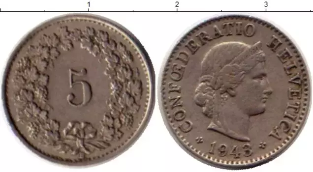 Монета 5 рапп Швейцарии 1943 года Медно-никель