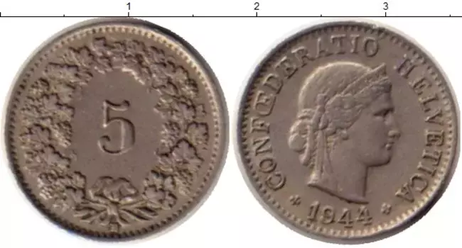 Монета 5 рапп Швейцарии 1944 года Медно-никель
