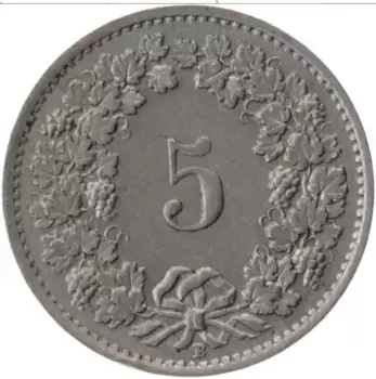 Монета 5 рапп Швейцарии 1944 года Медно-никель