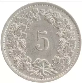 Монета 5 рапп Швейцарии 1946 года Медно-никель
