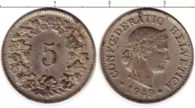 Монета 5 рапп Швейцарии 1949 года Медно-никель