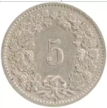 Монета 5 рапп Швейцарии 1953 года Медно-никель