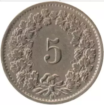 Монета 5 рапп Швейцарии 1955 года Медно-никель